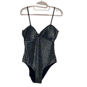 NWT Betsey Johnson One-Piece Center Front Knot Criss Cross Back Black Silver M L